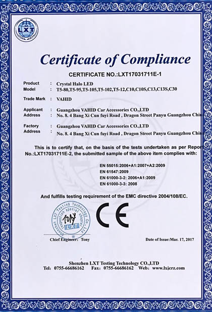 Certificate of Compliance, CERTIFICATE NO.:LXT17031711E-1,Crystal Halo LED
