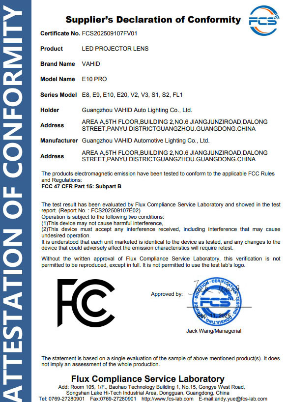 Supplier's Declaration of Conformity Certifcate No.FCs202509107FV01 Product LED PROJE..