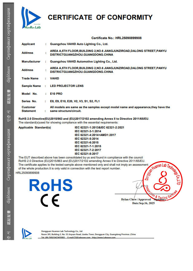 CERTIFICATE OF CONFORMITY Certificate No.: HRL25090899908 RoHS CE