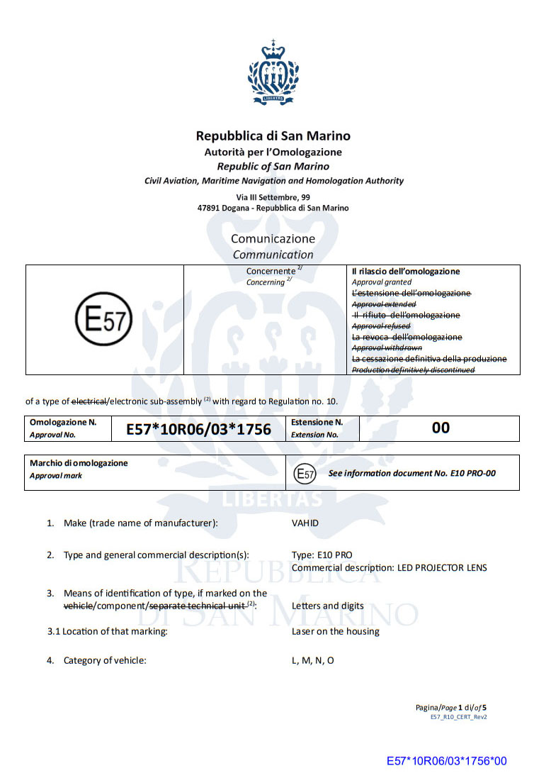 E57 Repubblica di San MarinoAutorità per !'OmologazioneRepublic ofSan MarinoCivif Avi..