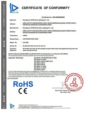 CERTIFICATE OF CONFORMITY Certificate No.: HRL25090899908 RoHS CE