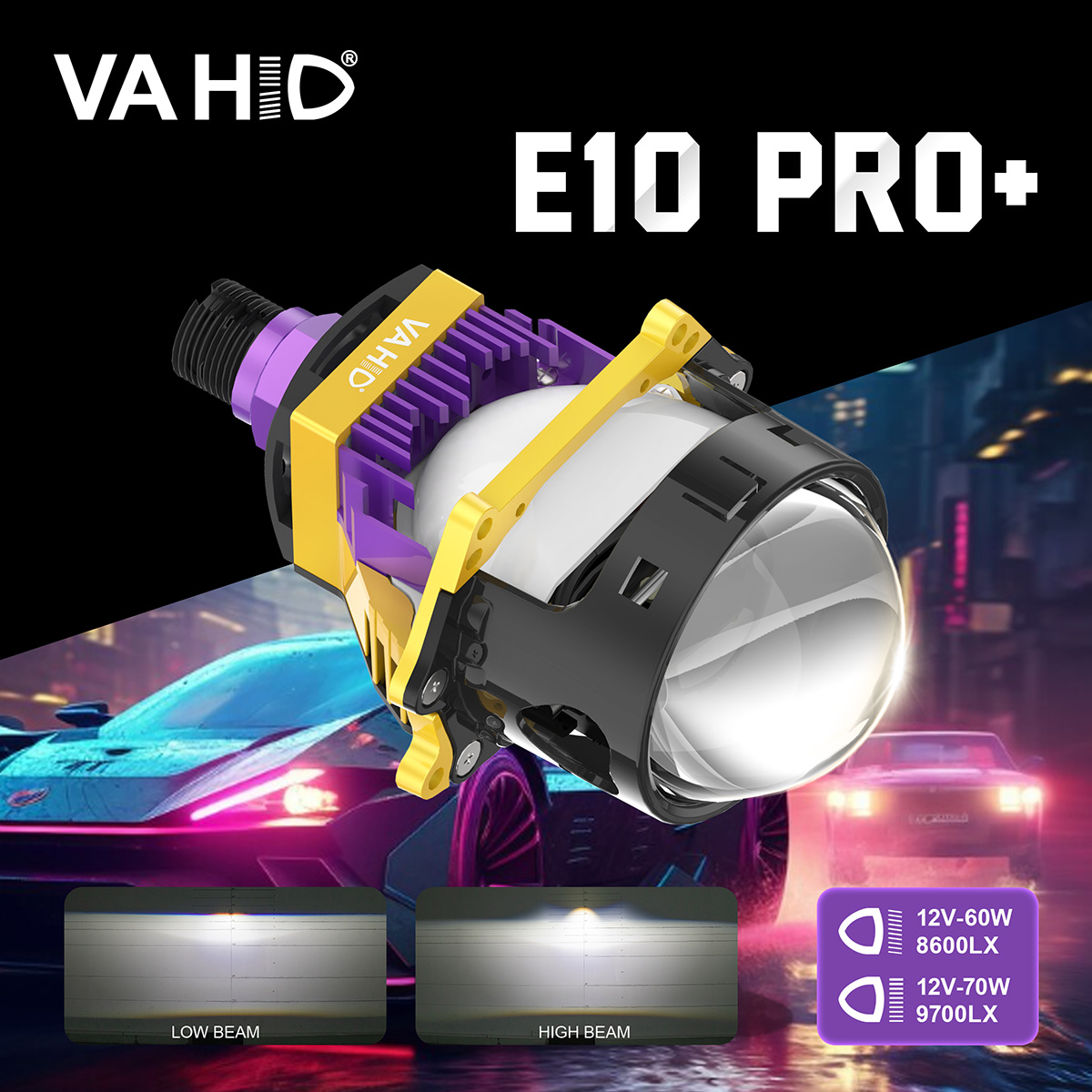 Vahid E10 Pro+T 3.0-Inch LED Headlight Projector Lens – Enhanced Brightness, Dual Reflector, Superior Heat Dissipation