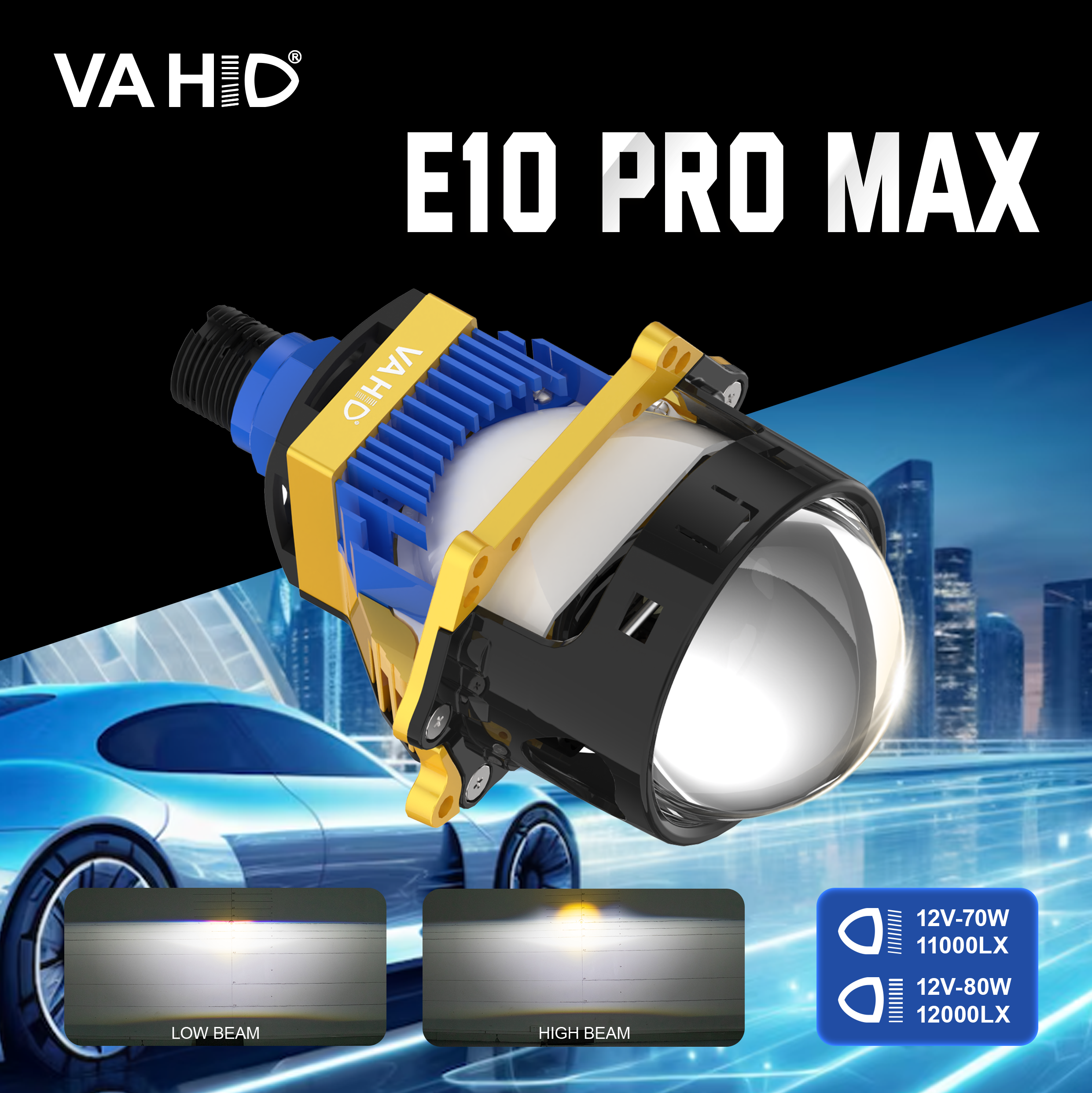 Vahid E10 Pro Max 3.0-Inch LED Headlight Projector Lens – Maximum Brightness, Triple Reflector, High-Performance Cooling System